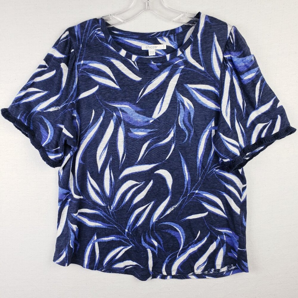 Chico's Linen Top Tee Shirt Leaves Print Blue size L Boho Resortwear